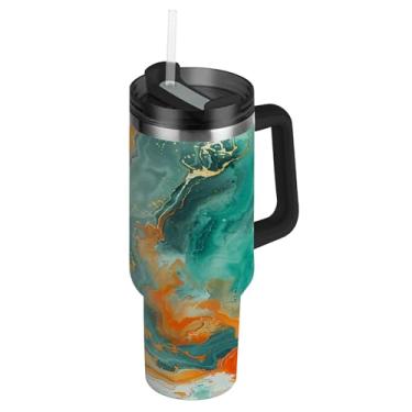 Imagem de SEHANY Copo colorido com padrão de mármore de 850 g com tampa e canudo, aço inoxidável de vácuo duplo isolado garrafa de água esportiva suporte para copo de café de viagem à prova de vazamento para