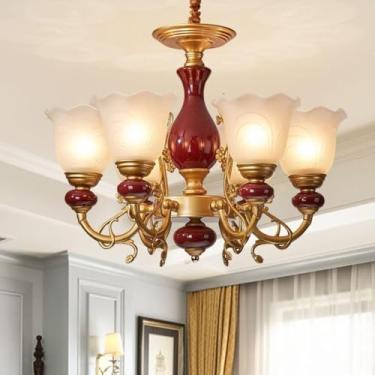 Imagem de Ventilador de teto vintage-moderno com kit de iluminação - Lustre estilo europeu | Iluminação simples para sala de jantar e quarto (6 lâmpadas)