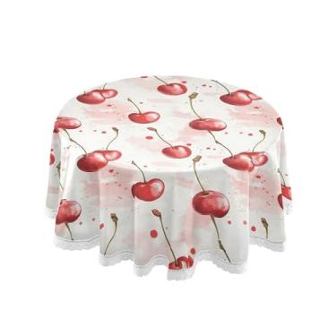 Imagem de SEHANY Toalha de mesa redonda em aquarela cereja 152 cm, tecido lavável sem rugas, toalha de mesa redonda com renda decorativa para restaurante, casamento, acampamento, festa de cinco de maio