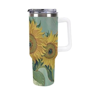 Imagem de Copo de café com três girassóis de 1,134 g, copo Stanley de grande capacidade, aço inoxidável, isolado a vácuo, selado para suporte de copo de carro e ao ar livre à prova de vazamento e poeira