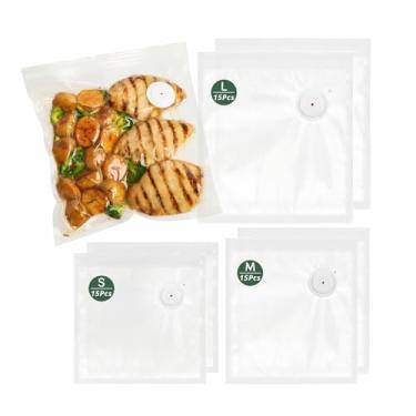 Imagem de Sacos seladores a vácuo reutilizáveis para alimentos, 45 peças (P/M/G), sacos sous vide sem BPA para aquecimento de micro-ondas, cozimento e armazenamento no freezer, compatível com a maioria das