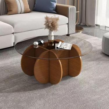 Imagem de Yadlan Mesas de centro redondas de vidro elegante mesa de centro redonda com pernas de madeira maciça e mesa de vidro temperado para sala de estar casa pequeno espaço recepção mesas de escritório cor