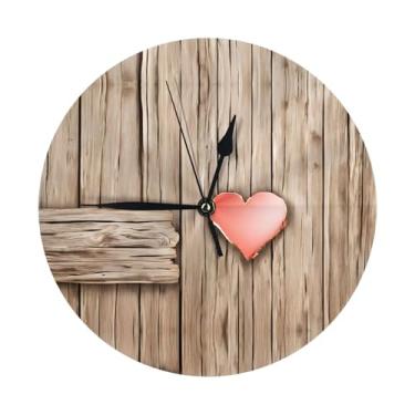 Imagem de ZERAOKE Coração de madeira - Relógio de parede redondo moderno - silencioso sem tique-taque operado por bateria, decoração de mesa ou parede para sala de estar, quarto, escritório.