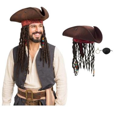 Imagem de Nicky Bigs Novelties Chapéu de pirata para homens com peruca de dreadlock de pirata, tapa-olho e brinco de ouro, chapéu de tricórnio adulto para mulheres, chapéus de tricórnio com dreadlocks