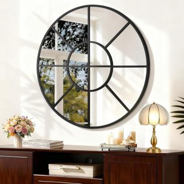 Imagem de WDSHIYI Espelho redondo grande, espelho de parede redondo emoldurado de metal preto espelhos decorativos artísticos modernos para sala de estar, quarto, banheiro, entrada, decoração de 71 cm
