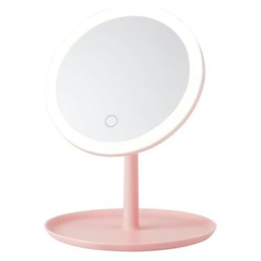 Imagem de Espelho de Maquiagem com LED, USB, Iluminação Dupla Fria e Quente, Portátil, 18cm Diâmetro, Branco e Rosa, Plástico e Vidro