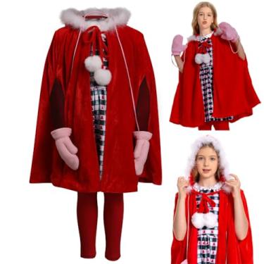 Imagem de Seaehey Cindy Lou Who Costume Kids Cosplay Cloak Dress Pants Gloves Cape Toddler Outfit Halloween Costume for Girls,Small
