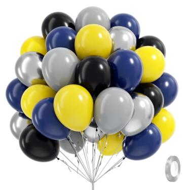 Imagem de 60 balões pretos e amarelos de 30,5 cm com balões prateados metálicos azul marinho, amarelo, cinza, para chá de bebê, decorações de festa de aniversário para homens
