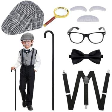 Imagem de Ahzemepinyo Acessórios de fantasia de 100 dias de escola para meninos, acessórios de cosplay de vovô com chapéu, óculos, bengala, gravata borboleta, suspensórios, lupa, sobrancelhas e bigode