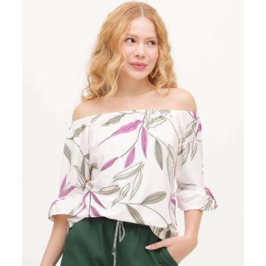 Imagem de Blusa Ciganinha Feminina Folhas Manga 3/4 Marisa-16021, Bege, G