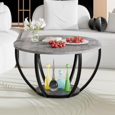 Imagem de HOMERECOMMEND Mesa de centro redonda com armazenamento, mesas de centro de madeira de 2 camadas para sala de estar, mesa de sofá para escritório em casa, cinza