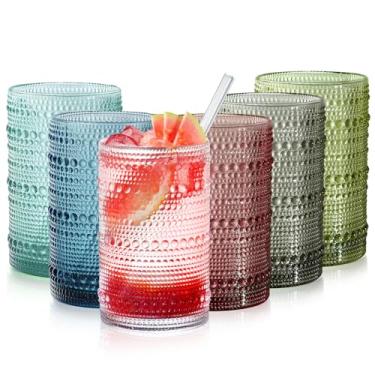 Imagem de FULGNU Copos coloridos Hobnail de 425 g, conjunto de 6 copos vintage, copos de vidro com contas em relevo para cozinha, cerveja, suco, coquetel, uísque, leite