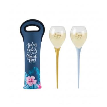 Imagem de Kit 2 Taças Praia Wine on The Beach + Bolsa para Vinho Neoprene – Estaca para Areia – 520ml – Transporte Seguro – Ideal Praia, Pôr do Sol e Passeios (Azul e Dourado, Bolsa para Vinho Great Day)