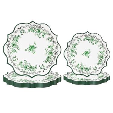 Imagem de 100 peças de pratos de porcelana florais elegantes verdes e brancos, 50 peças, flores verdes, 18 cm, pratos de bolo recortados, 50 peças, conjunto de pratos de jantar de 23 cm, borda recortada para