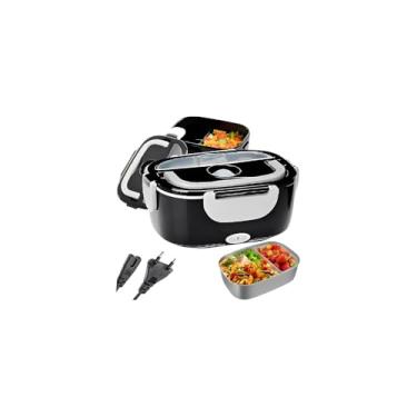 Imagem de Marmiteira Elétrica Térmica Bivolt, 1.5L, Preta, Portátil, 60W, com Colher e Cabo, 23x17x10cm