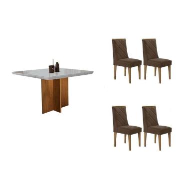 Imagem de Sala Jantar Mesa Berlim Tampo c/ Vidro Curvo 90cm+4 Cadeiras Pietá Madeira Naturale/Off White - Capuccino/Linho Capuccino - Rufato