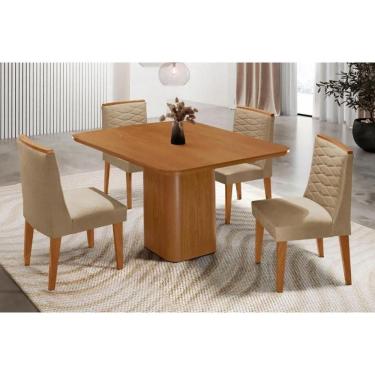 Imagem de Sala Jantar Mesa Maldivas Tampo Curvo 90cm+4 Cadeiras Maldivas Madeira Naturale - Capuccino/Linho Bege - Rufato