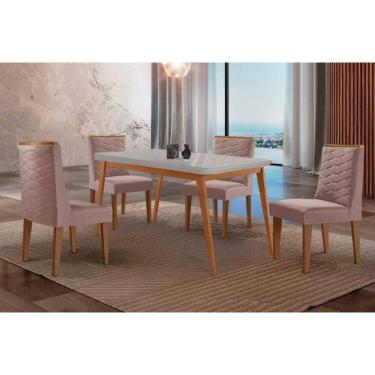 Imagem de Sala Jantar Mesa Havana Tampo c/ Vidro Curvo 120cm+4 Cadeiras Dafne Madeira Naturale/Off White - Capuccino/Linho Capuccino - Rufato