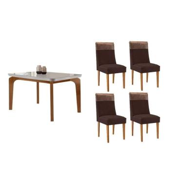 Imagem de Sala Jantar Mesa Londrina Tampo c/ Vidro Curvo 120cm 4 Cadeiras Jaspe Madeira Naturale/Off White - Capuccino/Suede Marrom - Rufato