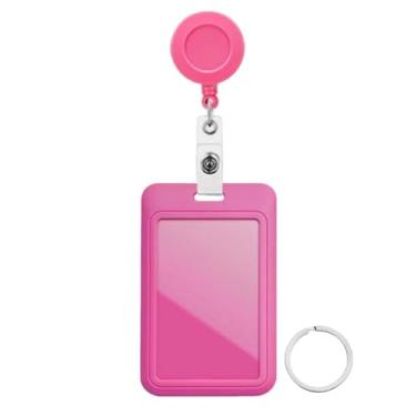 Imagem de Carretel de crachá retrátil com porta-crachá de identificação deslizante de cor lisa, chaveiro, suporte de crachá de plástico rígido para escritório, identificação escolar, crédito, cartão de