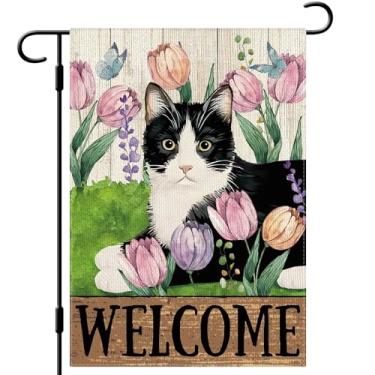 Imagem de DLZDN Bandeira de jardim floral de gato primavera 30,5 x 45,7 cm dupla face vertical serapilheira fazenda sinal de quintal decoração sazonal ao ar livre