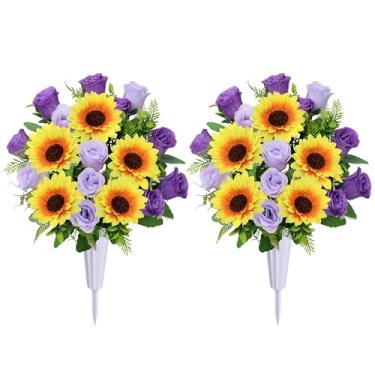 Imagem de Lodou Flores artificiais de cemitério para sepultura, conjunto de 2 flores artificiais de ramo de girassol de rosas para decoração de túmulos ao ar livre (Roxo)
