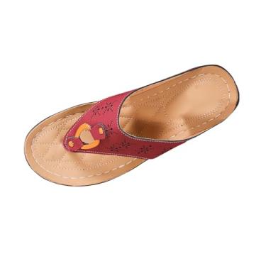 Imagem de Chinelo feminino com fivela de metal vintage boca de peixe cunha fundo grosso design oco casual verão, Vinho vinho, 35