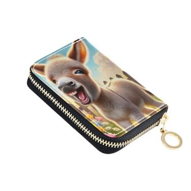 Imagem de Carteira feminina engraçada com estampa de animal de burro, porta-cartões, carteira de couro com bloqueio de RFID, zíper e chaveiro