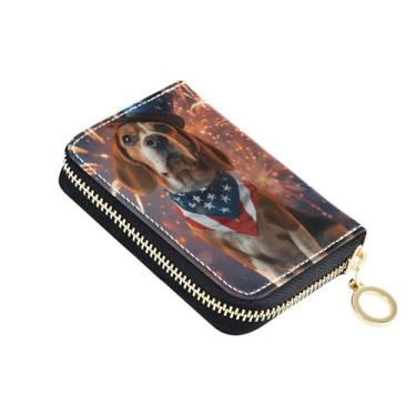 Imagem de Carteira feminina pequena de couro com bloqueio de RFID com zíper Beagle Dog bandeira americana