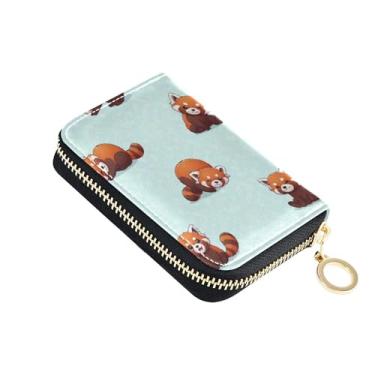 Imagem de GAIGEO Carteiras de cartão de crédito com bloqueio de RFID com zíper ao redor de carteiras femininas pequenas com zíper porta-cartões e dinheiro desenhos animados pandas vermelhos folhas bege