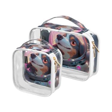 Imagem de GAIGEO Bolsa de cosméticos Two Space Puppies Flying Happily pacote com 2, bolsa de viagem para produtos de cabelo, bolsas de maquiagem transparentes para mulheres, pacote com 2, Filhote de astronauta