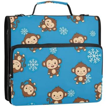 Imagem de Organizador de fichário com zíper azul de macacos de desenho animado fofo com 3 anéis de 3 anéis, bolsa de fichário para ensino médio com alça portfólio e estojo para pasta de anéis, 34,5 x 31,5 x 9