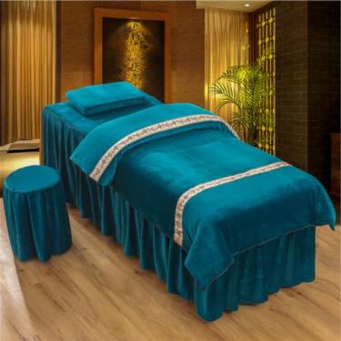 Imagem de Conjuntos de lençóis de mesa de massagem capa de cama de beleza com furo luxuoso veludo spa fumigação conjunto de cama salão de beleza saia de cama respirável microfibra beleza massagem roupa de cama