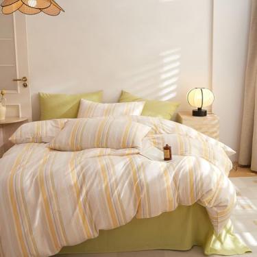 Imagem de EAVD Jogo de cama de capa de edredom listrada, tamanho Queen, colorido, macio, de algodão lavado, 3 peças, risca de risca, com 2 fronhas, capa de edredom geométrica moderna com fecho de zíper