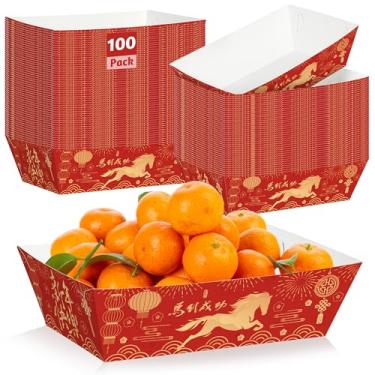 Imagem de 100 peças de decorações de ano novo chinês 2026, bandejas de papel para lanche do festival da primavera, bandejas descartáveis de cachorro-quente, barco de comida de ano novo lunar, decorações do ano