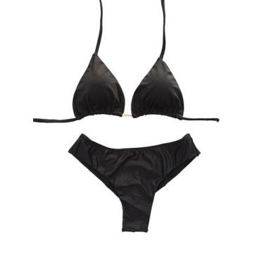 Imagem de Biquíni feminino cortininha preto com bojo removível e calcinha fio do