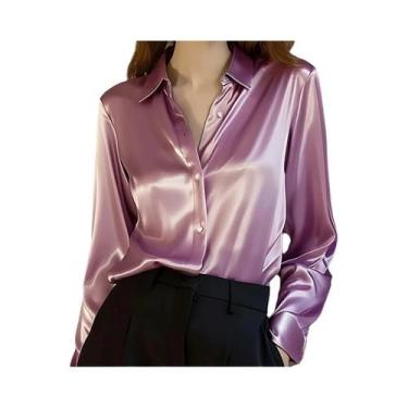 Imagem de Camisa Casual Feminina Elegante De Manga Longa Em Satin plus Size Blus