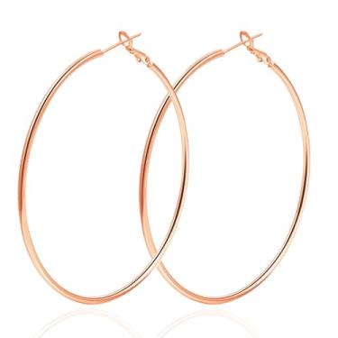 Imagem de DENNSHH Brincos de argola de 70 mm grandes em ouro rosa para mulheres, hipoalergênicos, grandes, de aço inoxidável, design fino, pingente leve para aniversário dela