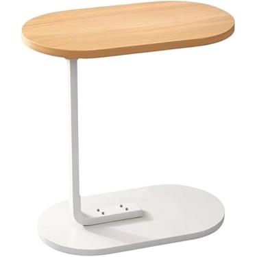 Imagem de Mesa lateral para sofá, mesa de cabeceira, escrivaninha com tampo de madeira e pés de metal; resistente e prática. (Bege)