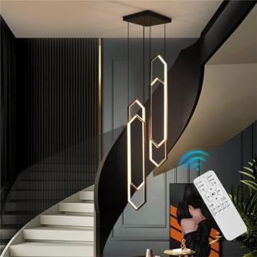 Imagem de Luminária pendente moderna retangular geométrica para mesa de jantar, lustre LED dimerizável com controle remoto e altura ajustável, luminária combinada preta para quarto, sala de jantar e s