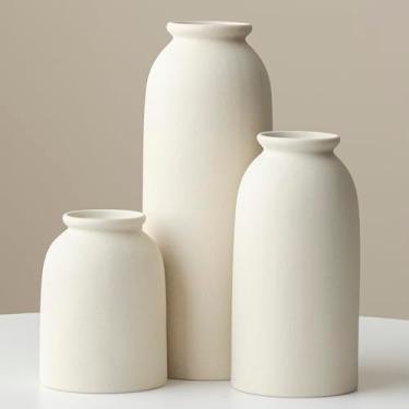 Imagem de Conjunto de vasos de cerâmica - 3, vasos de flores grandes para decoração, estilo boêmio moderno, 26 cm de altura, 10 cm de largura, cor bege, vasos decorativos para grama dos pampas, flores secas e
