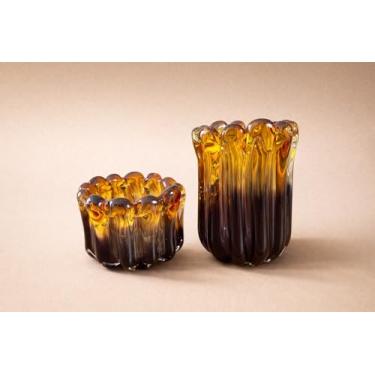 Imagem de Kit 2 Vasos Murano Decorativos, Vidro Âmbar Degradê, Design Ondulado, Centro de Mesa