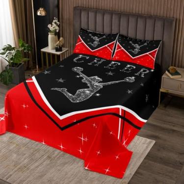 Imagem de Manfei Colcha infantil Cheer para decoração de quarto de meninos e meninas, capa acolchoada de líder de torcida preta e vermelha com 1 fronha, colcha de cama de poliéster macio