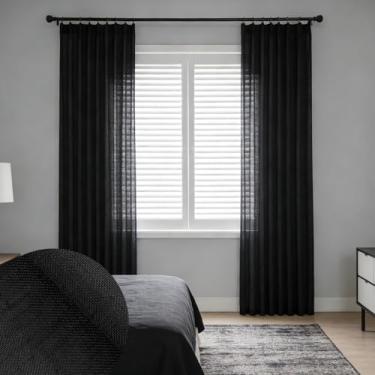 Imagem de Ftinala Cortina preta semitransparente, 2 painéis, 2 painéis, cortinas texturizadas temperamentais para sala de estar, portas de vidro deslizantes, plissadas com ganchos e abas traseiras e anéis