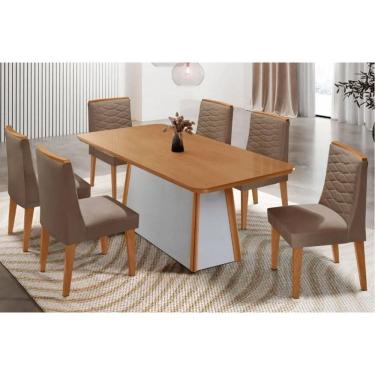 Imagem de Conjunto Sala de Jantar Tilia c/ Tampo Madeirado Canto Curvo 180x90cm e 6 Cadeiras Maldivas Madeira Maciça Naturale/Off White - Capuccino/Suede Capucc