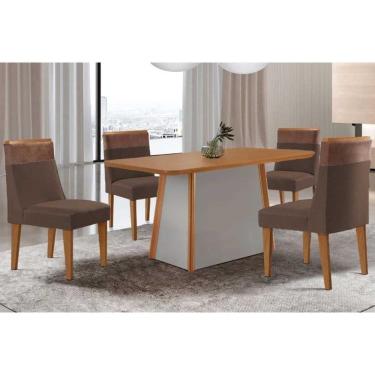 Imagem de Conjunto Sala de Jantar Tilia c/ Tampo Madeirado Canto Curvo 120x80cm e 4 Cadeiras Jaspe Madeira Maciça Naturale/Off White - Capuccino/Suede Marrom-Ru