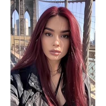 Imagem de Peruca frontal sintética longa reta para mulheres negras cor vinho vermelho escuro peruca frontal sintética pré-arrancada linha do cabelo natural resistente ao calor peruca cosplay uso diário