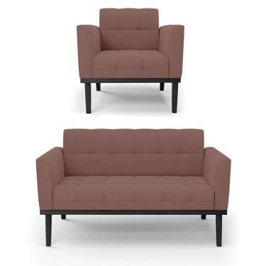 Imagem de Sofá Namoradeira E Poltrona Base De Madeira Preto Elisa Veludo D03 - D'rossi Cor Rose