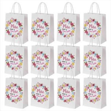 Imagem de Kit 12 Sacolas De Papel Com Alça Para Presente 21x27cm Dia Das Mães Pe