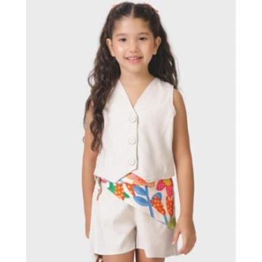 Imagem de Conjunto meninacolete shorts linho com lenço verão leve - OffWhite e Vermelho - Menina 4 a 14 anos-Feminino